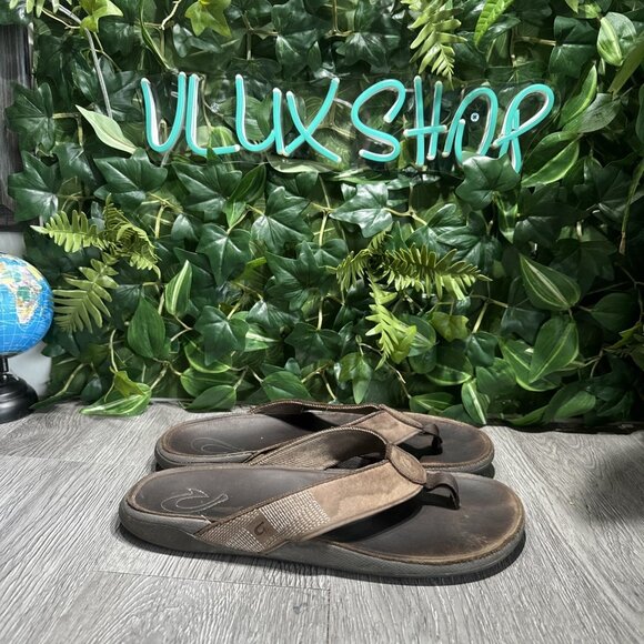 Olukai Men's Tuahine Leather Flip Flop Sandals Brown Size 11 Tropical Resort - Picture 1 of 9